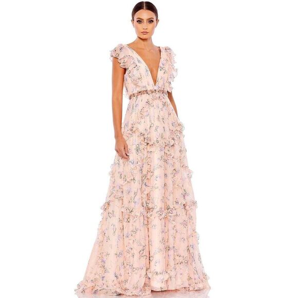 New Mac Ieena Duggal 68090 - Plunging V-Neck Floral Evening Gown Size 2 - Picture 1 of 12